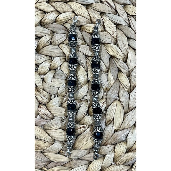 Best Y2k Double Strand Beaded Stretch Watch Band Silver Plated Black Glass Camp - Picture 2 of 6